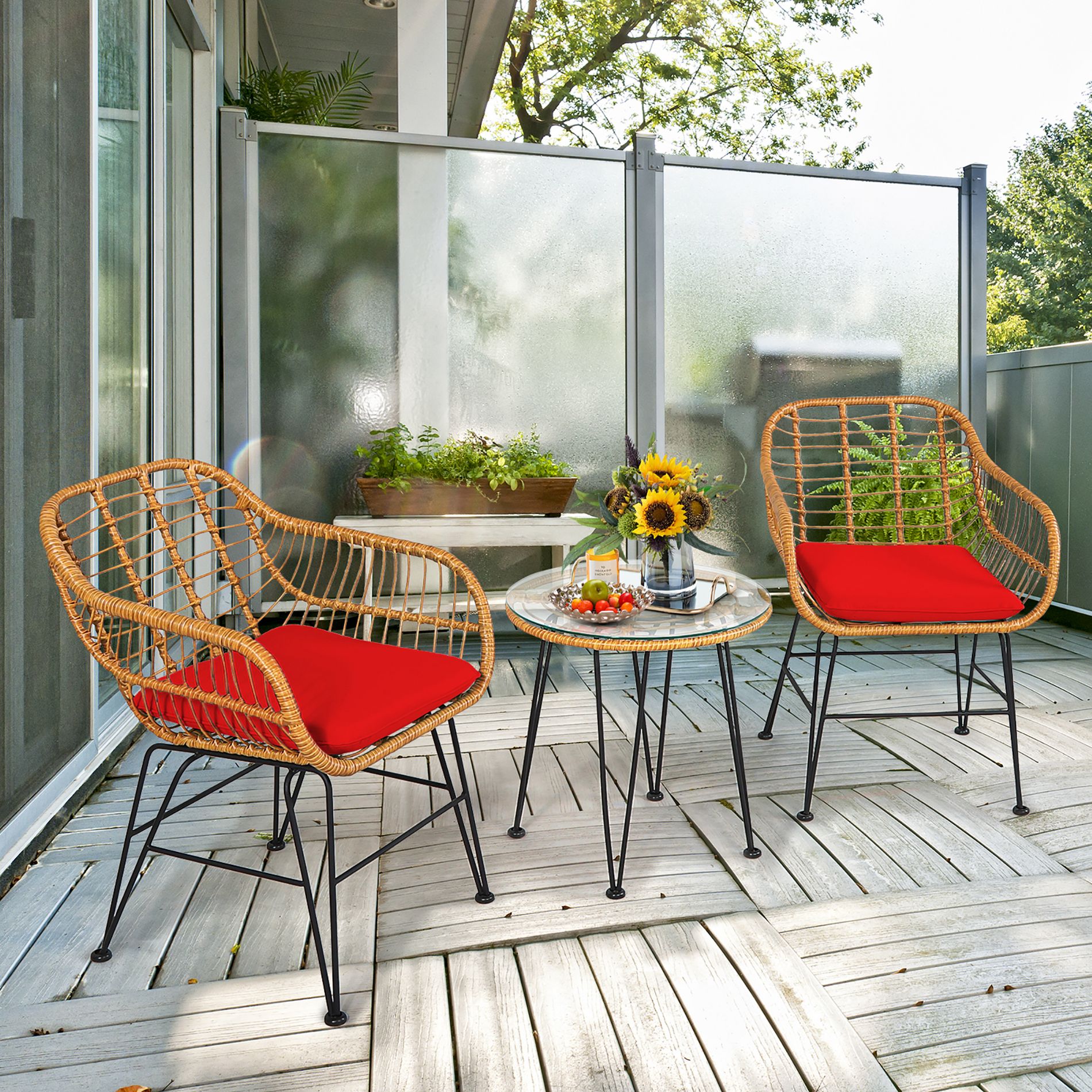 Costway 3PCS Patio Rattan Bistro Furniture Set Cushioned Chair Table Red