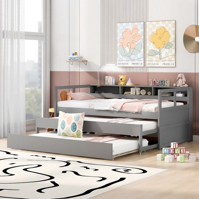 Twin XL Daybed With 2 Trundles 1 Light For Free USB Charging Design Wooden Bed Frame With 3 Storage Cubbies For Kids Teens
