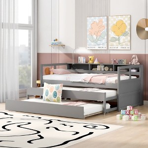 Twin XL Daybed With 2 Trundles 1 Light For Free USB Charging Design Wooden Bed Frame With 3 Storage Cubbies For Kids Teens - 1 of 4