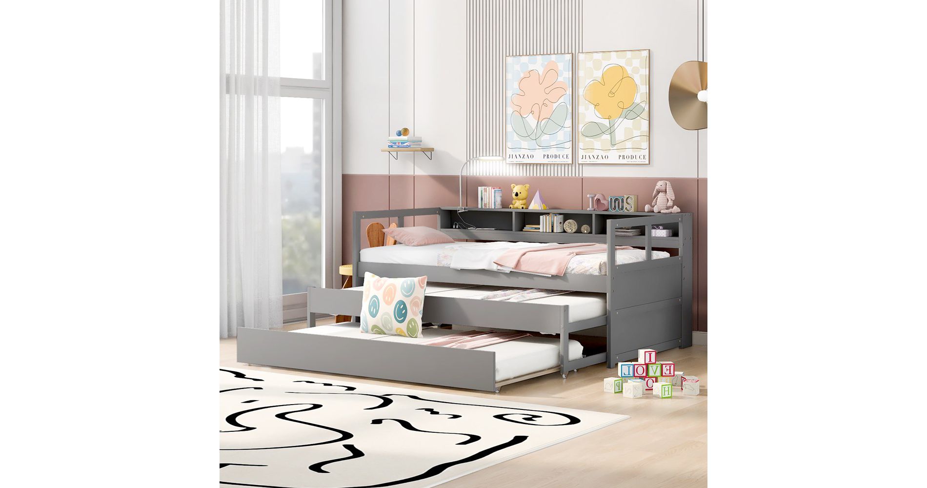 Twin XL Daybed With 2 Trundles 1 Light For Free USB Charging Design Wooden Bed Frame With 3 Storage Cubbies For Kids Teens Grey