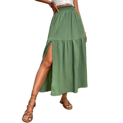 Side Slit Plisse Maxi Skirt Hight Waist Shirred Skirts Summer Beach Skirts Casual Tiered Skirts Flowy Skirts