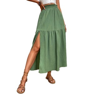 Side Slit Plisse Maxi Skirt Hight Waist Shirred Skirts Summer Beach Skirts Casual Tiered Skirts Flowy Skirts - 1 of 4