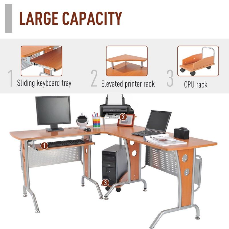 HomCom L-Shaped Corner Computer Office Desk Workstation with Elevated Shelf, Rolling Keyboard Tray, and CPU Stand, 4 of 9