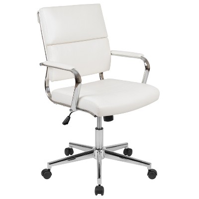 Merrick Lane White Ergonomic Swivel Office Chair Panel Style Mid-Back Faux Leather Computer Desk Chair with Padded Chrome Arms & Base