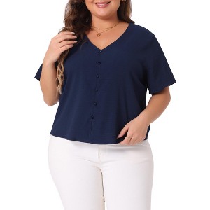 Agnes Orinda Women's Plus Size V Neck Short Sleeve Button Decor Loose Casual Blouses - 1 of 4