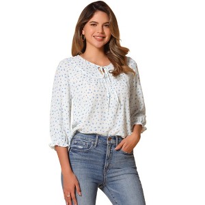 Allegra K Women's Floral Bow Tie Neck Vintage 3/4 Sleeve Blouse - 1 of 4