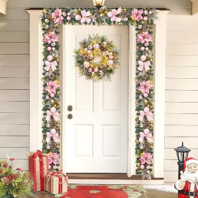 22" Large Lighted Christmas Wreath, Battery Operated Lighted Xmas Wreaths with Balls 30 Lights and Timer for Indoor Outdoor Holiday Decorations