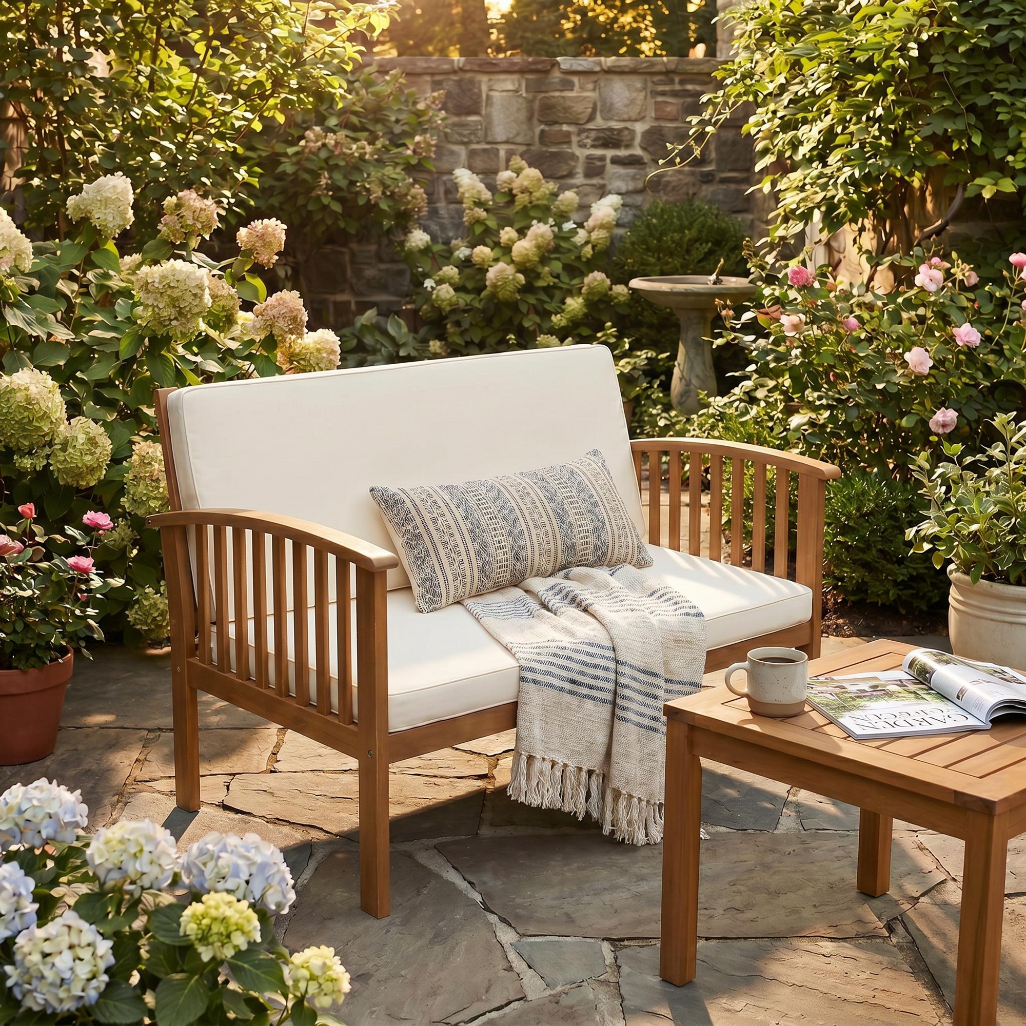 ModernLuxe Outdoor Acacia Wood Loveseat, Mid-Century Modern Patio Sofa Couch with Weather-Resistant Cushions, Natural