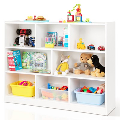 Tangkula Wood Storage Cube Bookcase 3 Tier 8 Cube Open Shelf Storage Cabinet with Anti-Toppling Devices Multipurpose Bookshelf Natural/Burlywood/Oak Grey/White