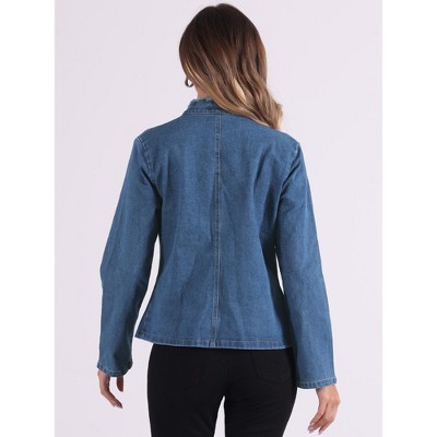 Allegra K Women's Stand Collar Long Sleeve Open Front Distressed Denim Blazer Medium Blue — фото 3