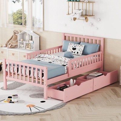 Twin Size Wood Platform Bed, Bed with Guardrails on Both Sides and 2 Storage Drawers, Modern Design Platform Bed with Pinewood Frame-Baofuwish
