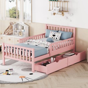 Twin Size Wood Platform Bed, Bed with Guardrails on Both Sides and 2 Storage Drawers, Modern Design Platform Bed with Pinewood Frame-Baofuwish - 1 of 4