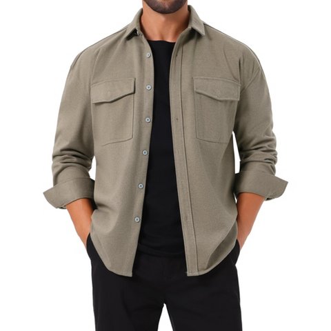 Мужские куртки INSPIRE CHIC Men's Point Collar Long Sleeve Button Down Casual Work Shirt Jacket Medium Gray Khaki