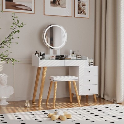 NicBex Makeup Vanity Desk with Mirror and Light,Modern Makeup Table with Drawers for Bedroom,White