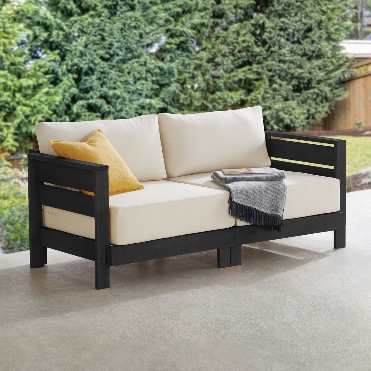 Alaterre Furniture Barton Outdoor Patio Loveseat - Weather-Resistant Eucalyptus Wood Outdoor Loveseat with Thick Cream Cushions - 2 Seater (Black) - thumbnail 6