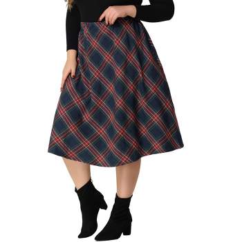 Agnes Orinda Women's Plus Size Velvet Plaid Elastic Waist Flare Fall A Line Skirts
