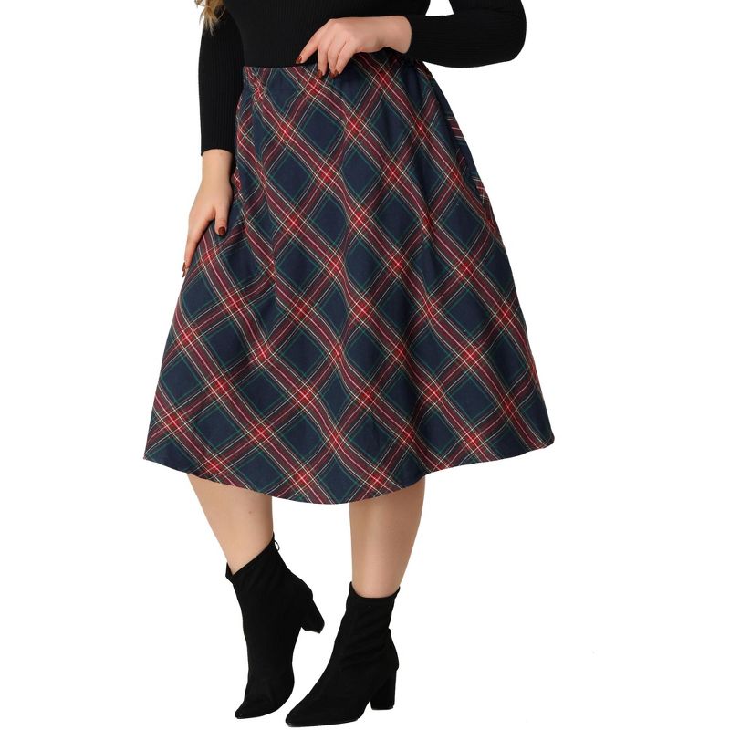 Agnes Orinda Women's Plus Size Velvet Plaid Elastic Waist Flare Fall A Line Skirts, 1 of 7