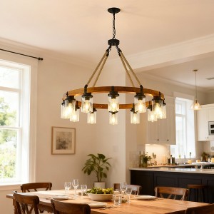 GDFStudio Rian Rustic Wooden Wagon Wheel Chandelier Ceiling Light with Seeded Glass Shade and Adjustable Chain - 1 of 4