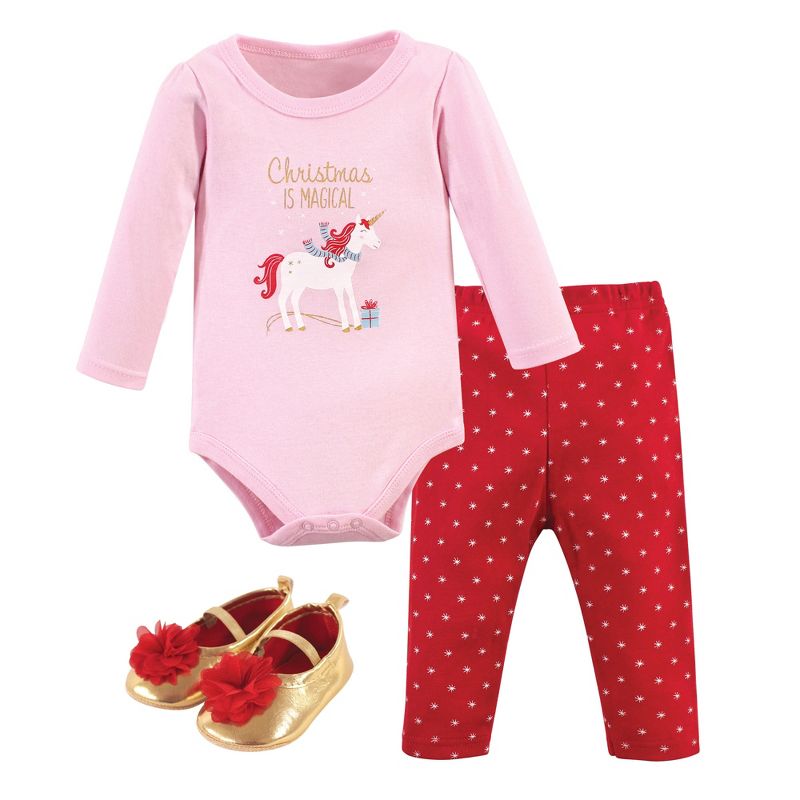 Hudson Baby Infant Girl Cotton Bodysuit, Pant and Shoe 3pc Set, Magical Christmas, 1 of 6