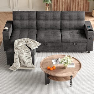 Coucheta 84" L-Shaped Sectional Sleeper Sofa with Pull Out Bed, Storage Armrests & Charging Ports, Dark Grey - 1 of 4