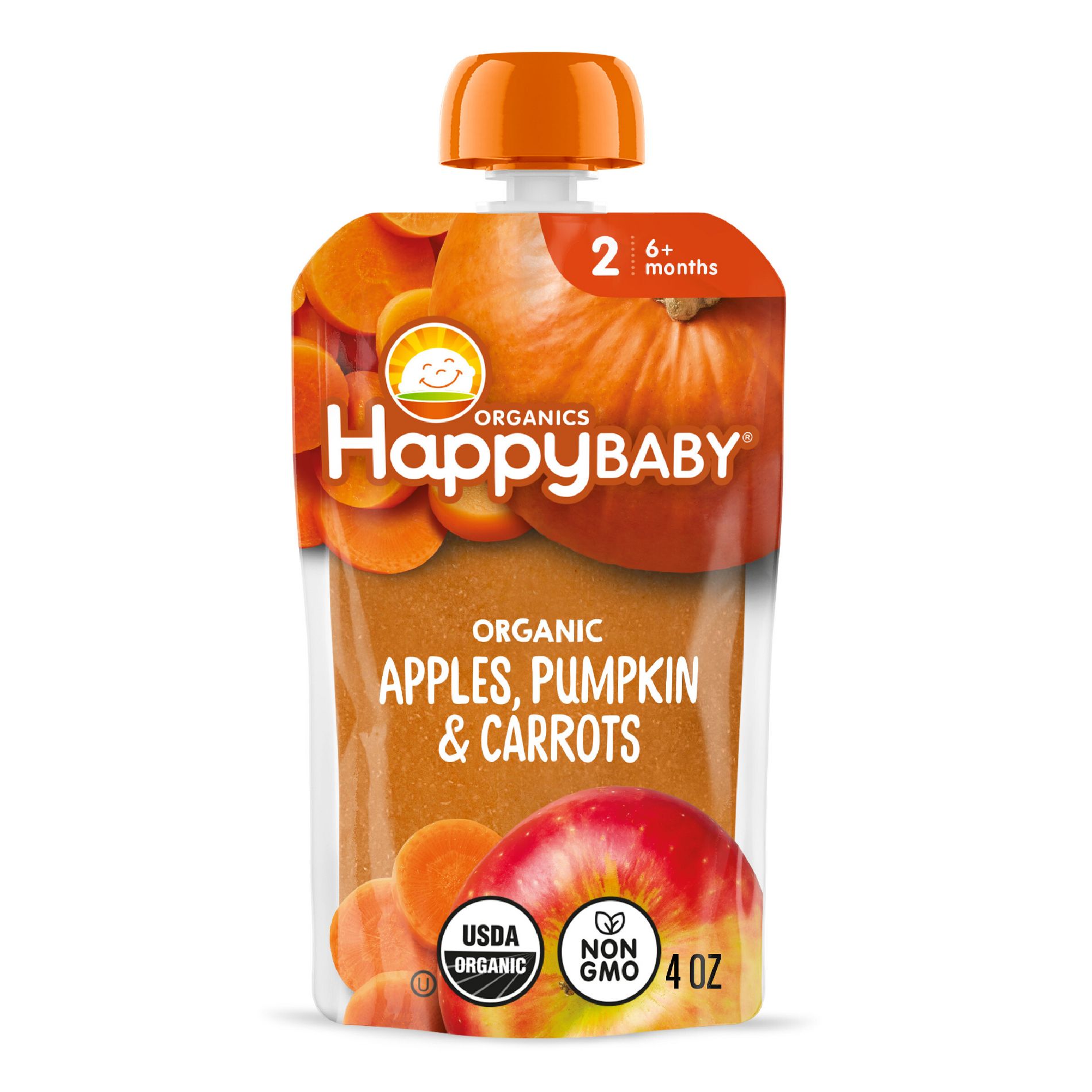 Happy Baby Organic Apples, Pumpkin & Carrots Baby Food Pouch - 4oz: 6 Months and Up, 2nd Stage, Vegan, Ready to Eat