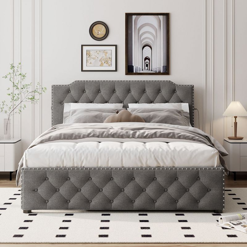 Queen Size Upholstered Platform Bed with USB Ports and Twin Size Trundle Bed/2 Drawers-ModernLuxe, 2 of 11