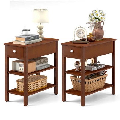 ResenkosSofa Table, End Table, Side Table,3-Tier Narrow End Table with Drawer and Storage Shelves Set of 2-Brown