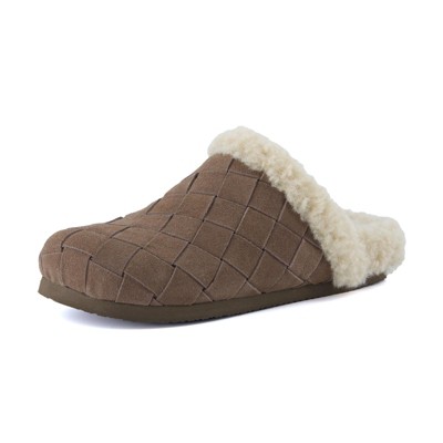 CUSHIONAIRE Cliché Genuine Suede Woven Mule Slippers for Women Indoor and Outdoor - Slip On Faux Fur Lining Women Footwear for Comfort