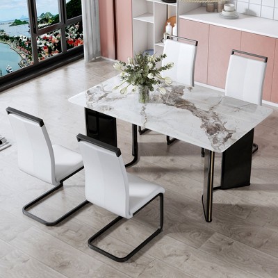 NicBex 5 Piece Dining Table Set for 4 with Imitation Marble Tabletop,4 White Chairs with Black/Gold Metal Legs