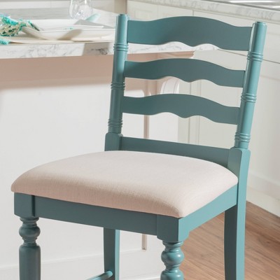 Antique Blue 24" Wood and Metal Counter Stool with Upholstered Seat