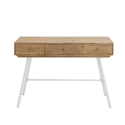 Natural Wood and White 3-Drawer Desk with Iron Legs