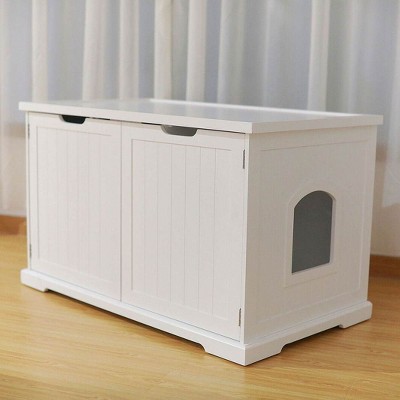 White Wooden Cat Washroom Bench with Dual Doors