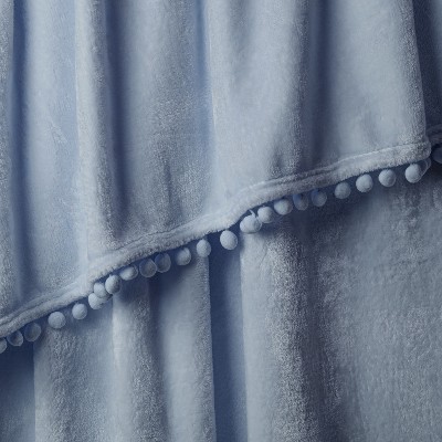 Cozy Dusty Blue Fleece Twin Throw with Pom Pom Fringe
