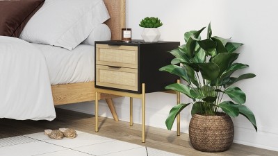 Andrew Black Oak Rattan End Table with Storage