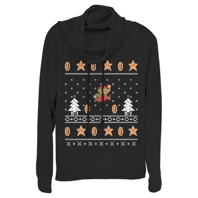 Juniors Womens Nintendo Ugly Christmas Mario Coin Cowl Neck Sweatshirt