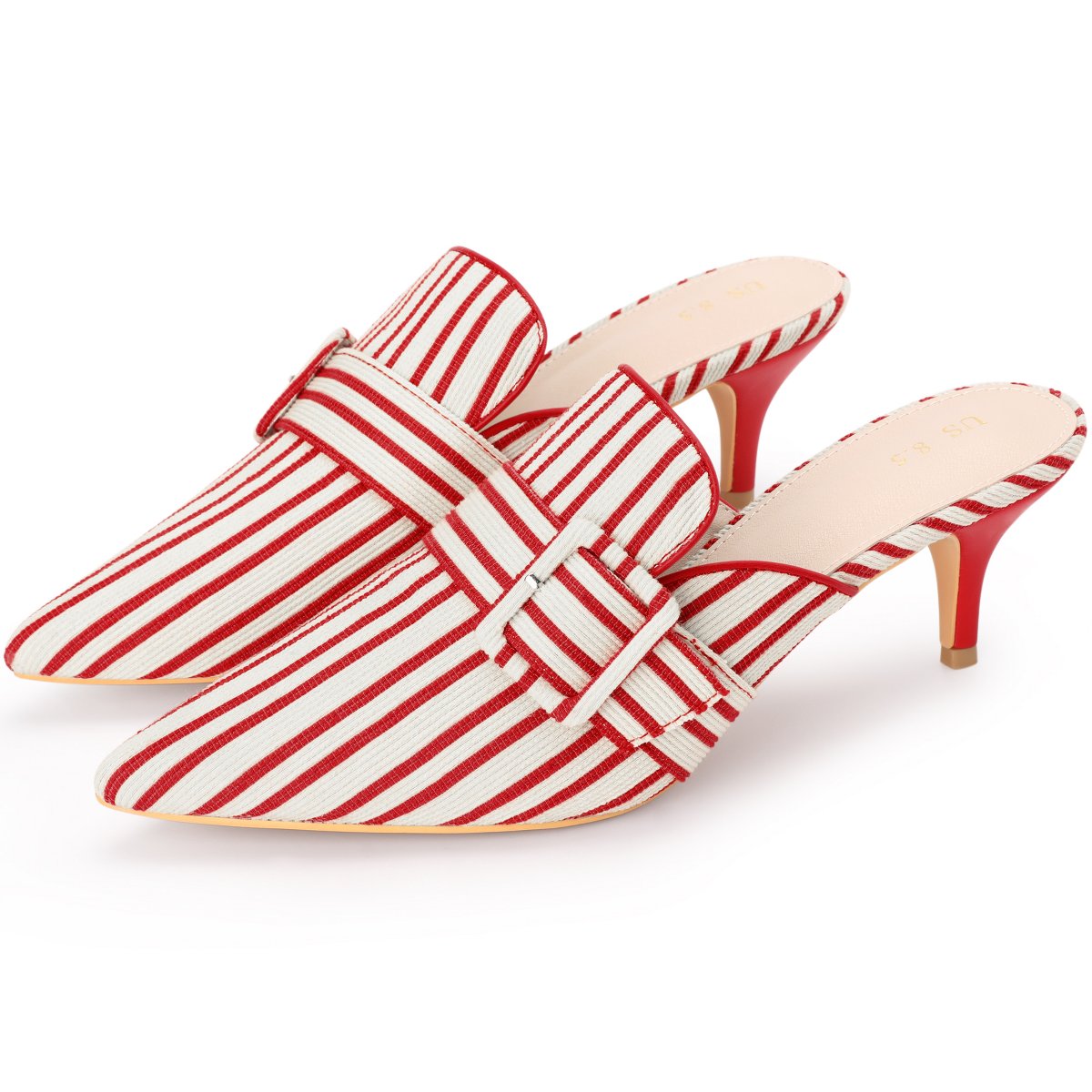 Женские сандалии BLISSFUL STEP Women's Stripe Slip on Pointed Toe Kitten Heels Slides Mules 7 Red — фото 3