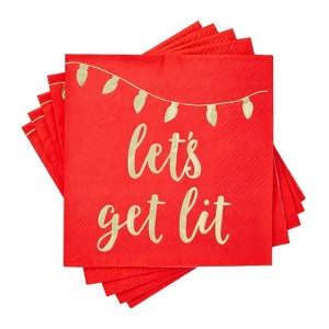 Juvale 50 Pack Paper Christmas Cocktail Napkins for Holiday Party Supplies, Gold Foil Lets Get Lit, Red, 5 x 5 In - 1 of 4
