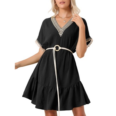 Allegra K Women's Summer Casual V-Neck Lace Short Sleeve Tie Waist Dress