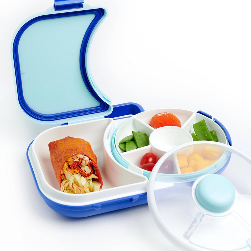 gobe kids' 2-in-1 bento style lunchbox with small snack spinner flip - blueberry blue: hard sided