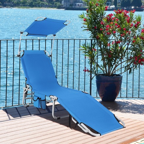 Folding Chair for Outside 1, Beige Adjustable Beach Chair with Canopy Sun Shade & Pillow Backrest Outdoor Folding Chairs Multipurpose Pool Foldable Lounge Chair