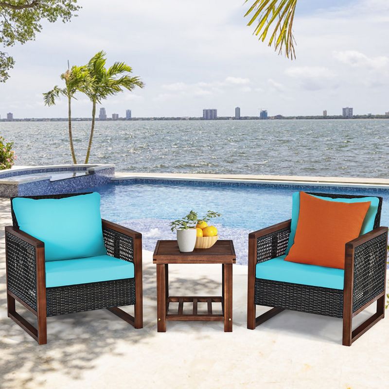 Costway 3PCS Patio Wicker Furniture Set Solid Wood Frame Cushion Sofa w/ Square Table Shelf, 1 of 11