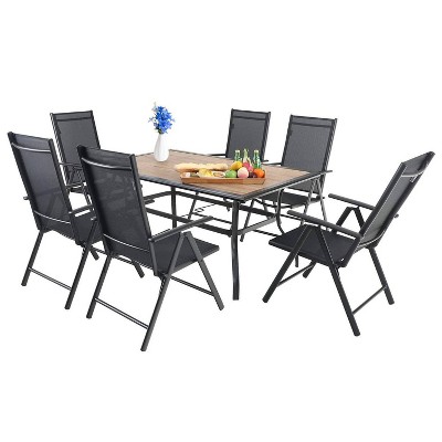 7pc Patio Dining Set with Rectangular Faux Wood Table with Umbrella Hole & Folding Reclining Chairs - Captiva Designs