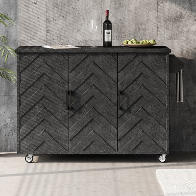 51.2"W 3D Wave Stripes Ash Veneer Kitchen Island with Drop Leaf, Farmhouse Rolling Kitchen Cart on Wheels with Storage Rack - ModernLuxe