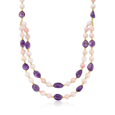 Ross-Simons Pink Opal and 85.00 ct. t.w. Amethyst Bead Necklace With 18kt Gold Over Sterling Size 18