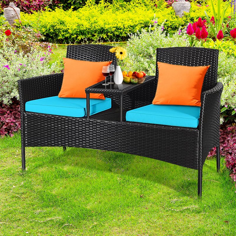 Tangkula Outdoor Rattan Furniture Wicker Patio Conversation Chair W/Cushions Turquoise, 2 of 8
