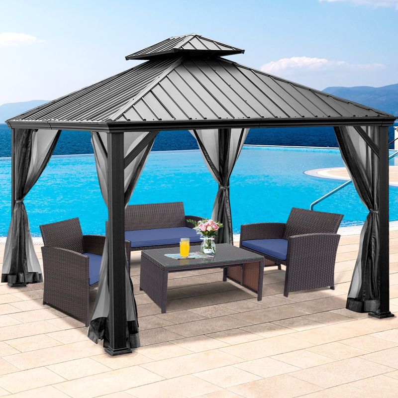 Tangkula 12ft x 10ft Patio Hardtop Gazebo Double Vented Roof Outdoor Galvanized Steel Sun Shelter Brown/Gray, 3 of 7