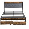 Kumasinova Bed Frame with Storage,Metal Bed Frame with LED Lights,Upholstered Headboard,2 Drawers,Charging Station,Bedframe No Box Spring Needed,Gray - 4 of 4