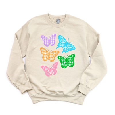 Simply Sage Market Women's Graphic Sweatshirt Checkered Butterflies  - L - Dust