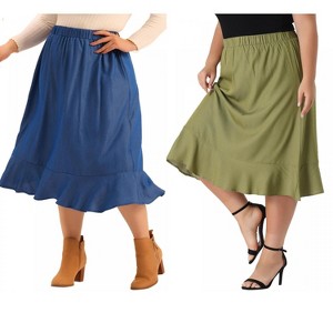 Agnes Orinda Women's Plus Size Midi Elastic Waist Tiered Pleated Ruffle Hem Chambray Skirts - 1 of 4
