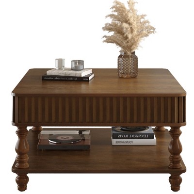 Gulches Walnut Square Wood Indoor Coffee Table 31x31x18 Inch Retro Lift-Top Hydraulic Hidden Open Storage
